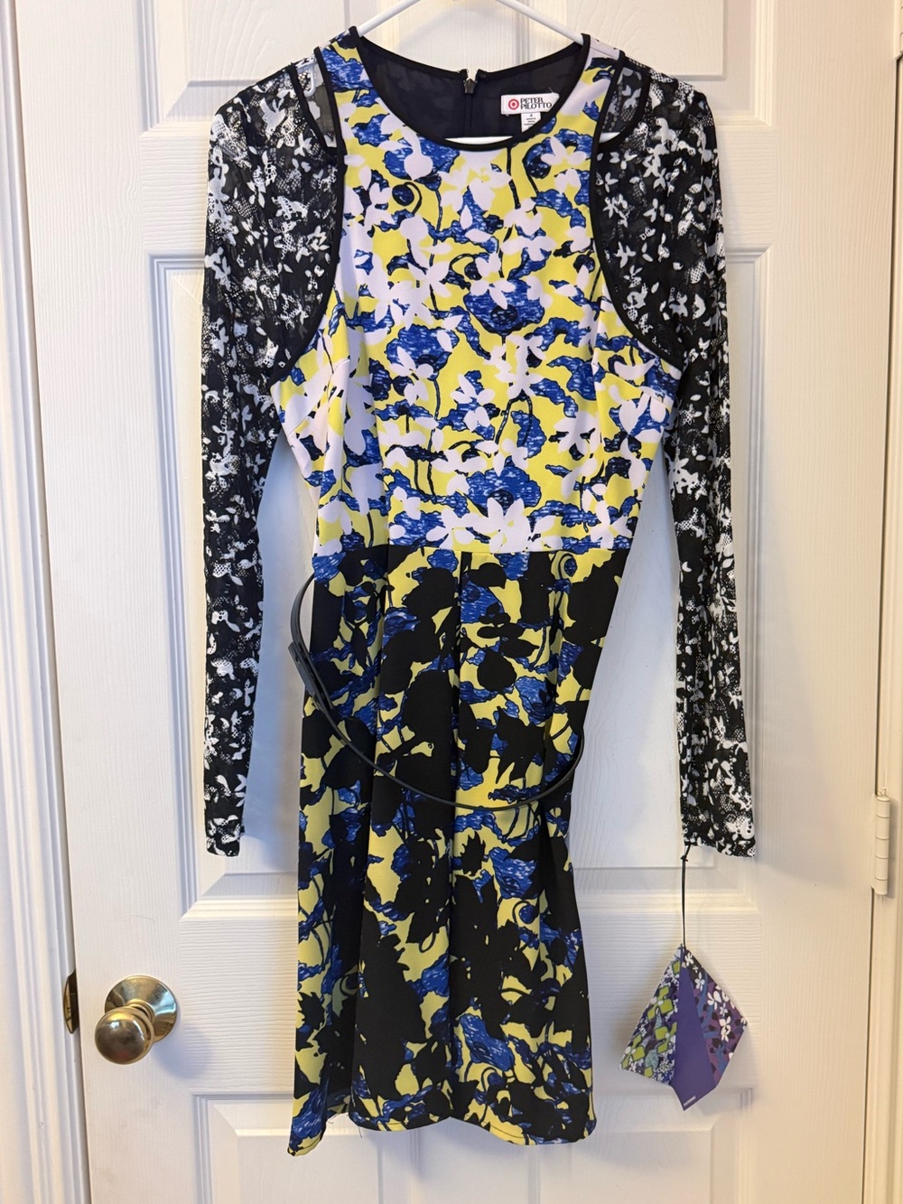 Peter Pilotto  Floral Mixed-Print Long Sleeve Dress in Yellow & Blue